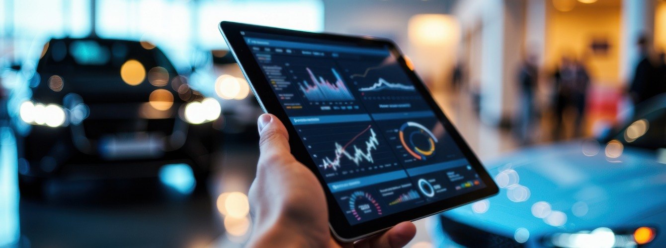 Hand hält ein Tablet mit Diagrammen zu Zulassungszahlen, im Hintergrund ein Autohaus-Showroom
