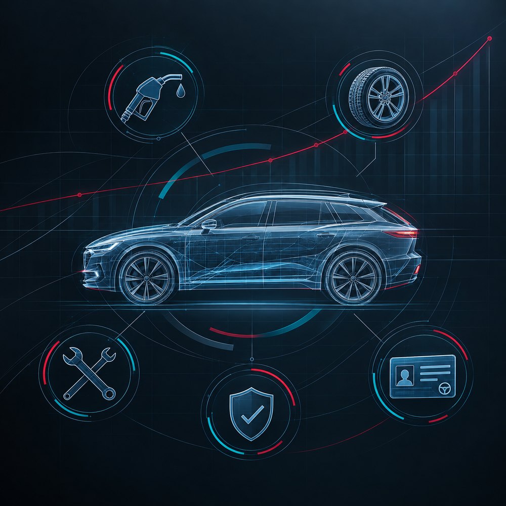 Technische Zeichnung eines Pkw, umgeben von Symbolen für Kraftstoff, Reifen, Werkstatt, Versicherung und Führerschein, dahinter eine steigende Preiskurve