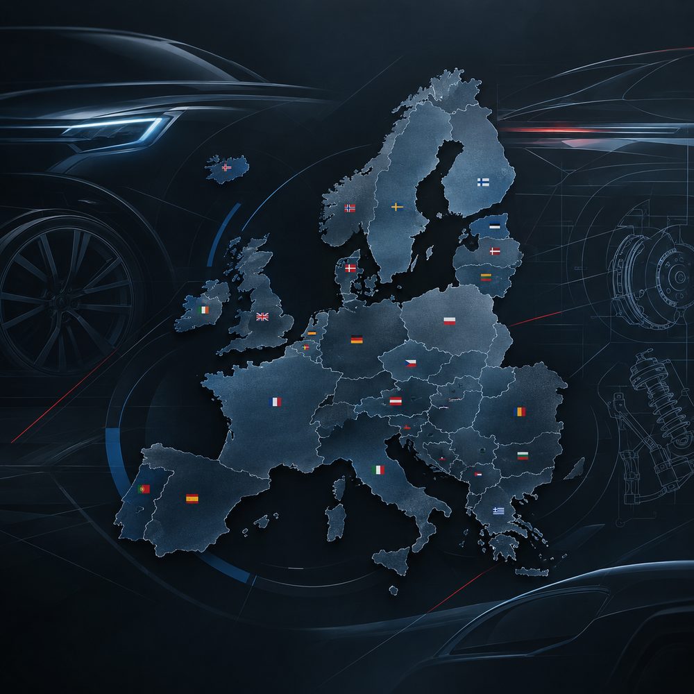 Stilisierte Europakarte mit den Flaggen der Zulassungsmärkte, im Hintergrund
                      angedeutete Fahrzeugsilhouetten und technische Zeichnungen