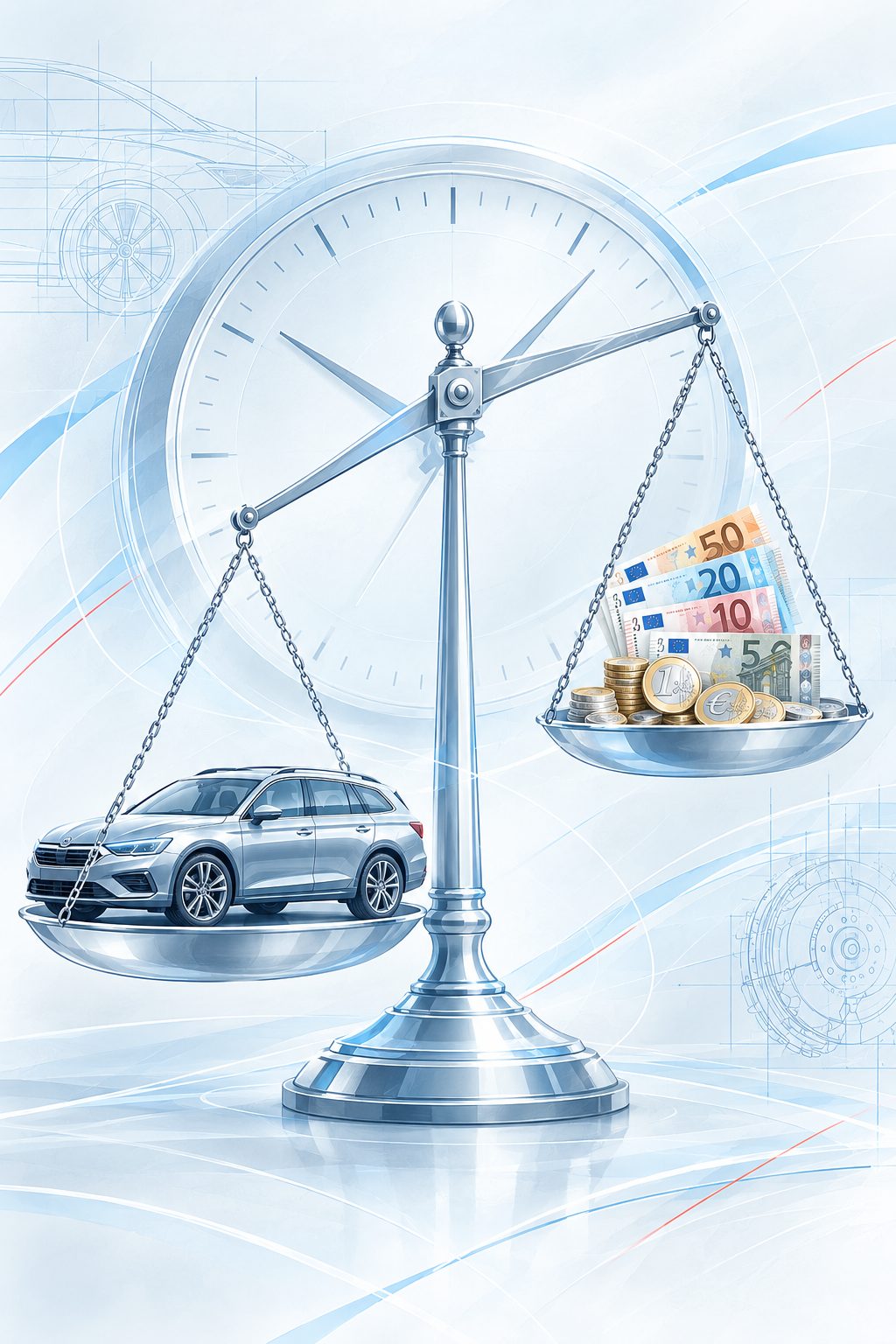 Waage mit einem Kombi auf der einen und Euro-Scheinen und Münzen auf der anderen Seite, dahinter eine Uhr