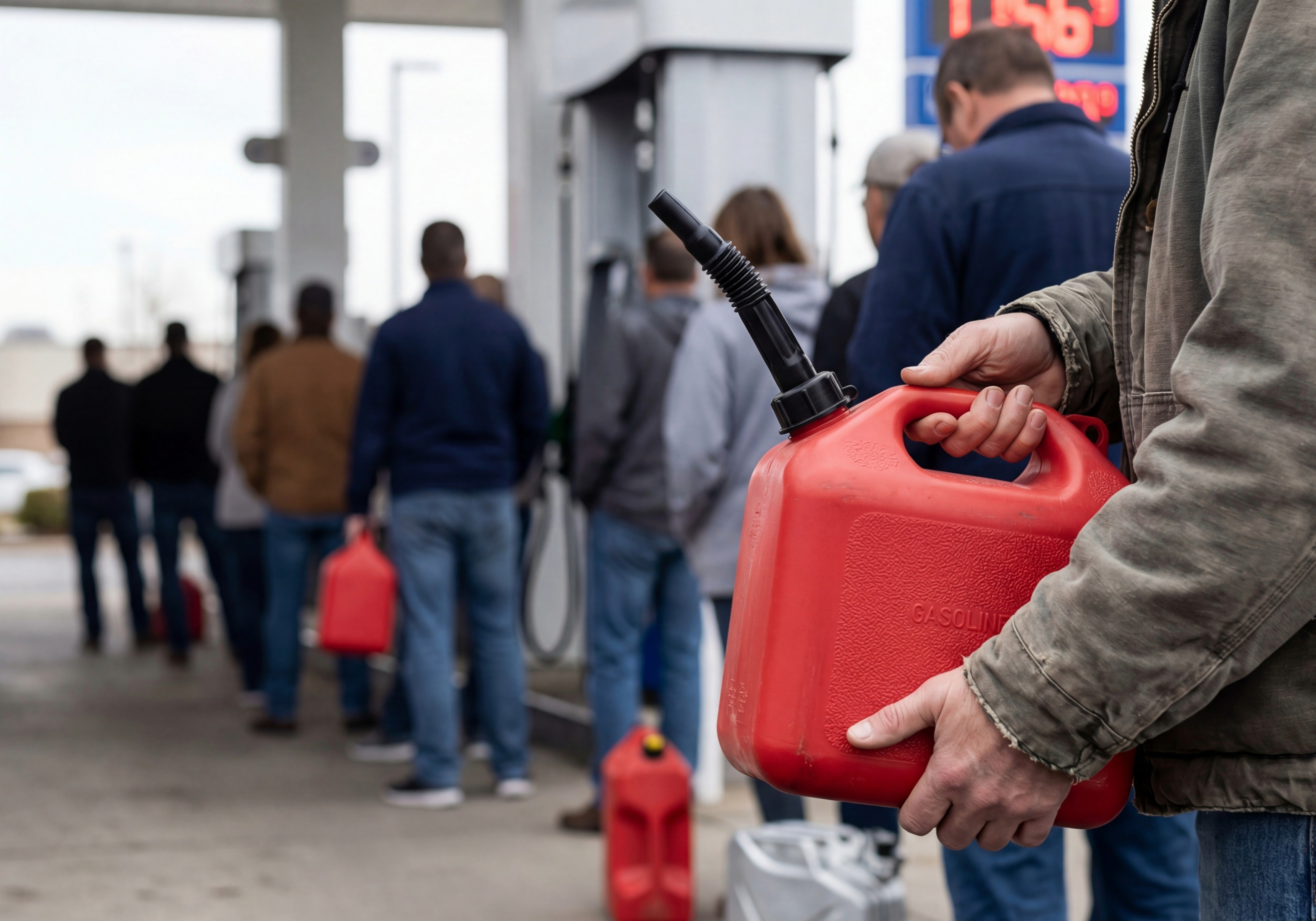 Warteschlange an Tankstelle mit Benzinkanistern während der Ölkrise 2026