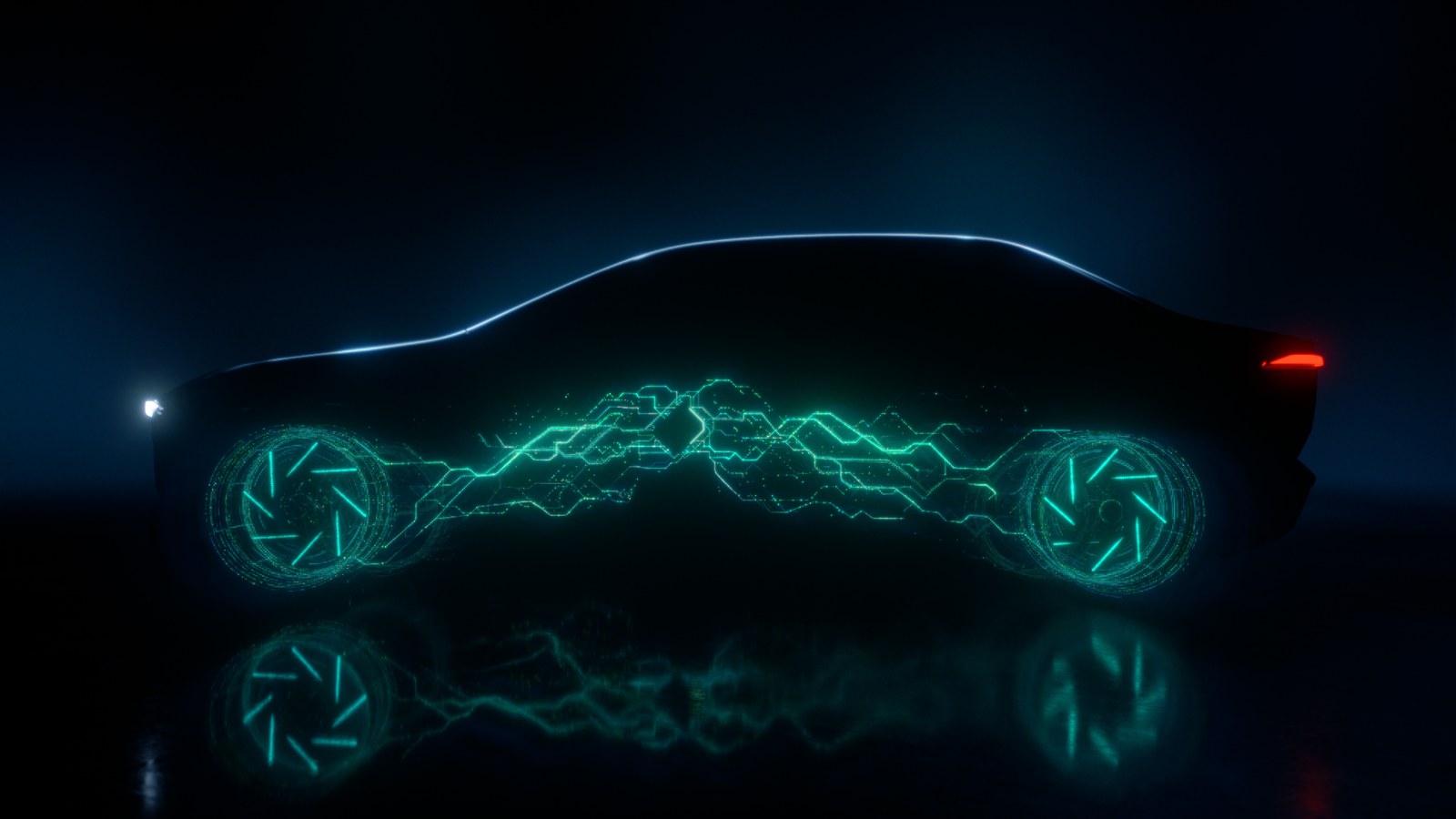 Silhouette eines BMW-Fahrzeugs mit leuchtender Fahrdynamik-Elektronik entlang der Achsen und des Antriebsstrangs, Sinnbild für softwaregesteuerte Markenidentität
