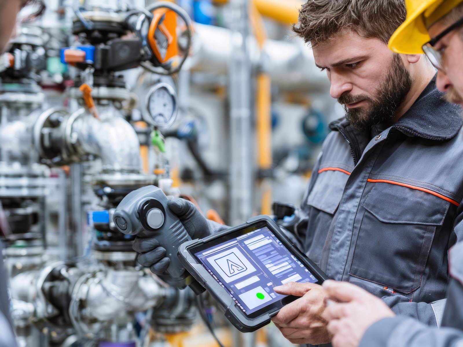 Ein Techniker prüft mit einem robusten Tablet die Anlagendaten an einer Druckluft- und Rohrleitungsinstallation in der Fertigung