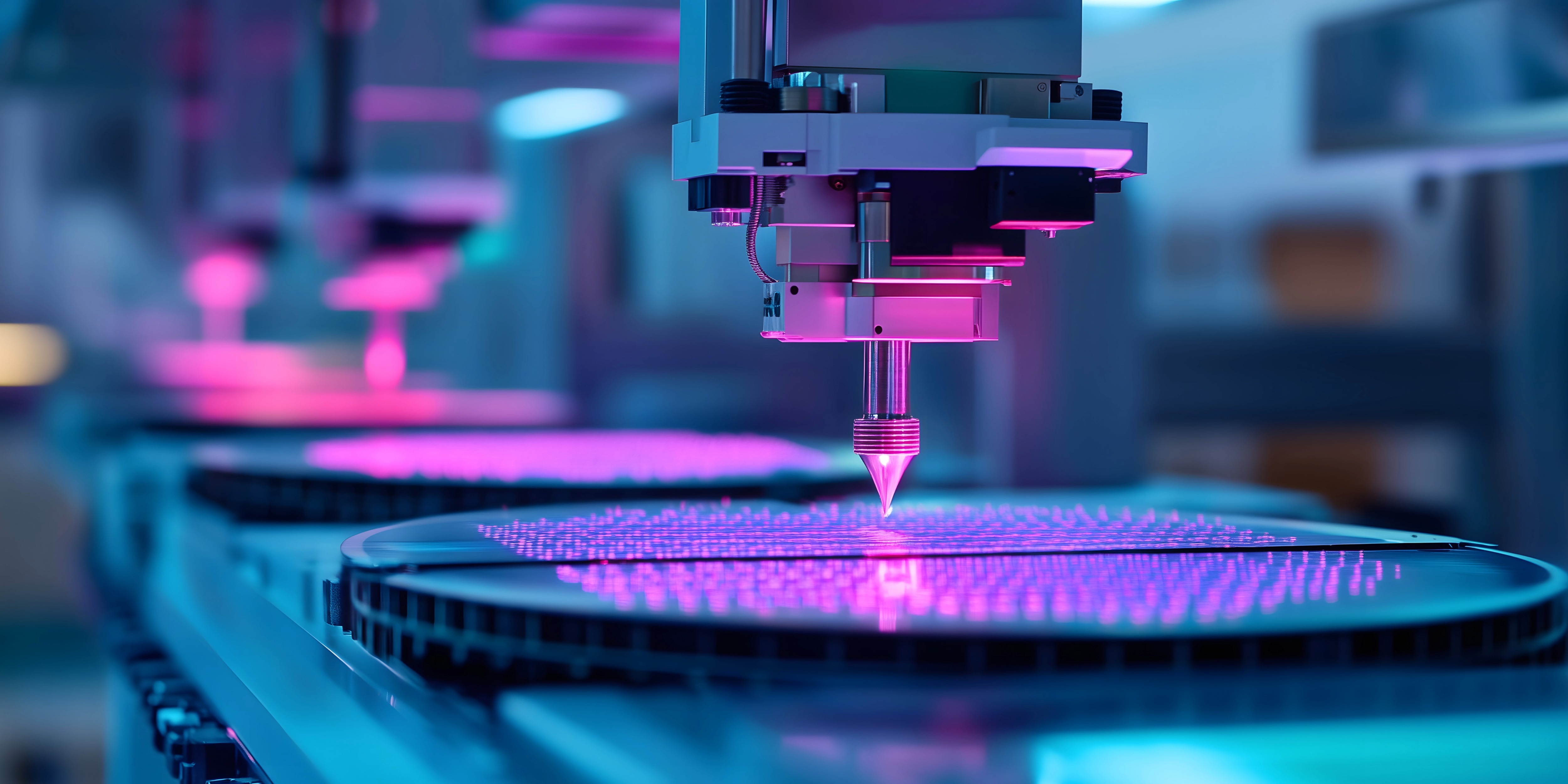 Automatisierter Roboterarm bei der Präzisionsbearbeitung eines Siliziumwafers in einer Halbleiterfertigung - blaues und pinkes UV-Licht beleuchtet die Chipstrukturen auf dem Wafer
